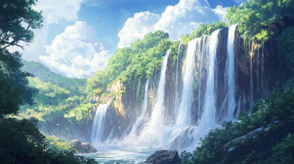 Lush Waterfall Scene Tranquil nature landscape, perfect for travel, tourism, and environmental advertising