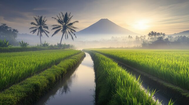 Sunlit scene of an irrigation canal feeding water into rice fields through a modern pumping system.