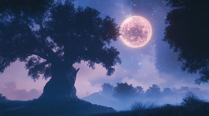 Fototapeta premium Mystical twilight landscape featuring a radiant, pulsing moon and swirling starry night sky, set amidst a dreamy, mist-shrouded valley with towering, ancient trees. Twilight Valley. Illustration