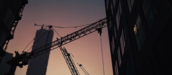 Silhouettes of Construction Cranes at Sunset