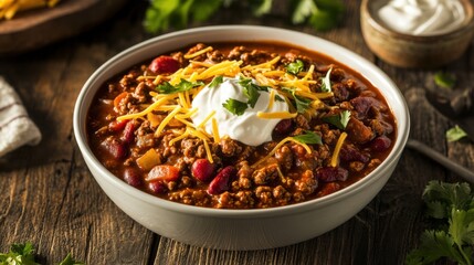 A hearty and flavorful chili con carne with beans, ground beef, and a rich tomato sauce