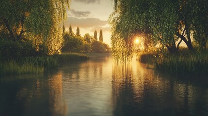 Tranquil Sunset Over Calm River Surrounded by Lush Greenery