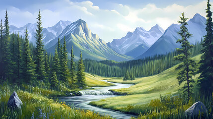 Serene mountain valley with lush green meadows, tall pine trees, and a river flowing through, framed by majestic peaks. Twilight Valley. Illustration
