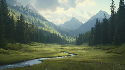Serene mountain valley with lush green meadows, tall pine trees, and a river flowing through, framed by majestic peaks. Twilight Valley. Illustration