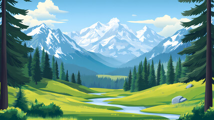 Serene mountain valley with lush green meadows, tall pine trees, and a river flowing through, framed by majestic peaks. Twilight Valley. Illustration