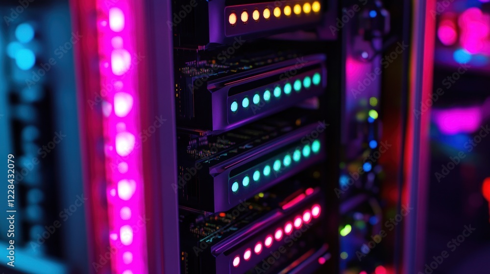 Poster neon lit server racks: a close-up view of data center technology