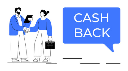 Business figures shaking hands with one holding a clipboard and the other a briefcase, next to a CASH BACK speech bubble. Ideal for business partnerships, agreement, collaboration, success