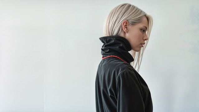 A blond fashion model wearing a black jacket with a high neck collar. The woman is in profile. Isolated against a white background. A red cord accenting the jacket.