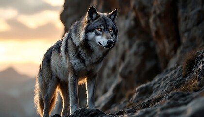 Fototapeta premium Majestic Gray Wolf at Sunset on Rocky Mountain Peak