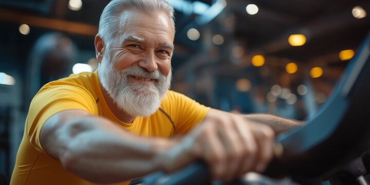An elderly person actively engaging in a gym workout, embracing fitness and wellbeing with energy while pursuing a healthy lifestyle through regular exercise and strength training