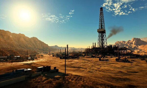 Oil drilling rig in desert landscape under clear blue sky with ai generated.