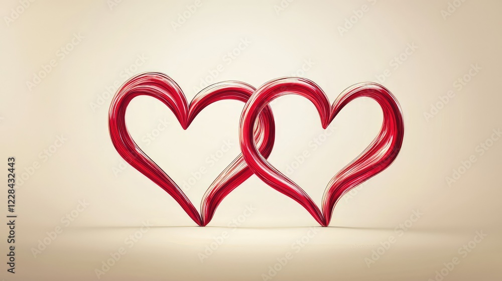 Poster two intertwined heart shapes with smooth red curves and soft background