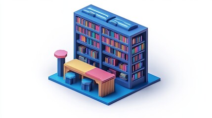 Obraz premium Colorful isometric library design featuring bookshelves, tables, and reading zones for an inviting atmosphere. Generative AI