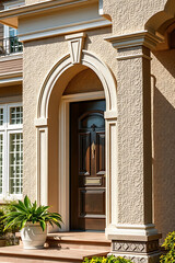 Elegant Home Entrance: Classic Architecture and Design.  Luxury Real Estate Property with a grand entrance, showcasing beautiful architecture and design details.
