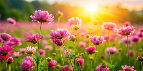 Obraz premium Colorful pink flowers blooming in a lush green meadow, with a few stems stretching towards the sunlight, nature