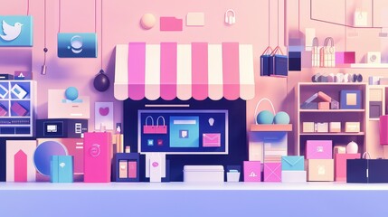 Colorful Abstract Display of Shopping Items and Digital Products