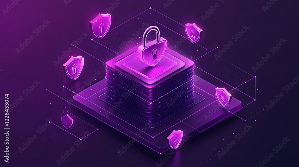 Poster conceptual visualization of cybersecurity featuring isometric servers, shield icons, and a central p