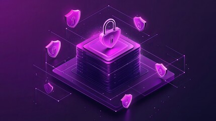 Conceptual visualization of cybersecurity featuring isometric servers, shield icons, and a central padlock. Generative AI