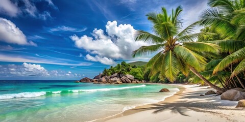 Surfing on a wave at a secluded beach in Seychelles with crystal clear turquoise water and powdery white sand, island