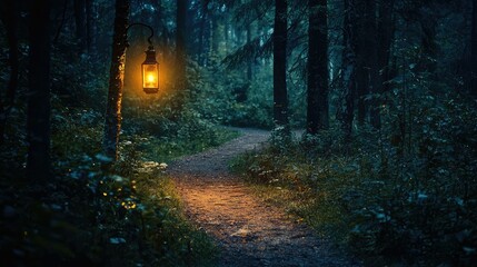 Obraz premium Enchanted Forest Path with Glowing Lantern at Dusk