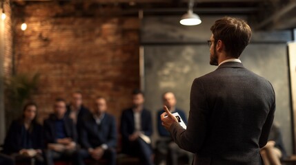 A man in a suit is giving a presentation to a group of people in an office setting