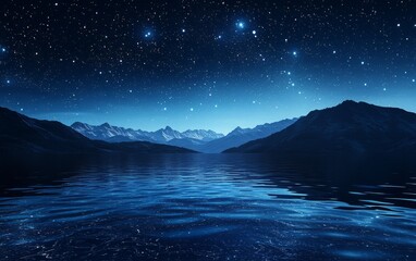 Tranquil lake with starlight reflections in blue black silver