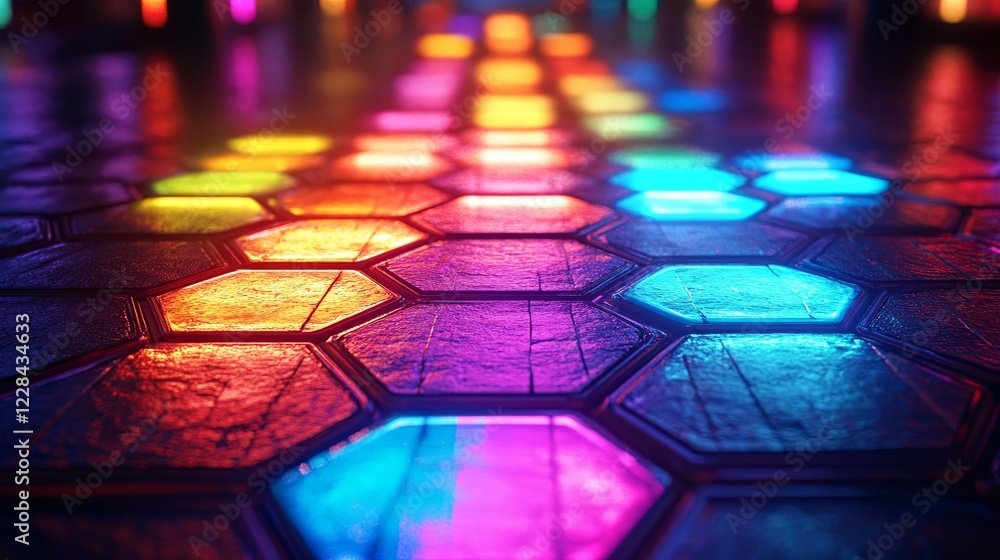  pulsating neon hexagons rise and fall in synchronized patterns creating vibrant light displays in a 