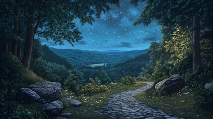 Fototapeta premium A stone path leading through a lush forest towards a distant valley under a starry night sky. Twilight Valley. Illustration