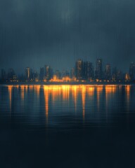 Fototapeta premium Tranquil bay with city reflections in navy orange and black realistic raw style