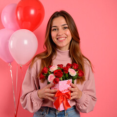 Una mujer sonriendo con un regalo del día de los enamorados