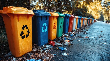 Colorful Recycling Bins Line Park Path Showing Waste Disposal