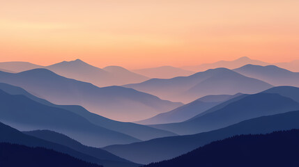 Obraz premium Drifting clouds over mountain valley at dusk softly illuminate the landscape with warm gentle hues, peaceful, hazy. Twilight Valley. Illustration