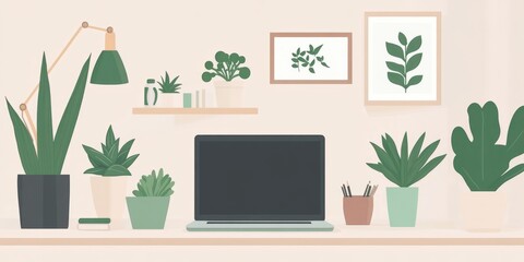 Minimalist home office with laptop succulents white and green