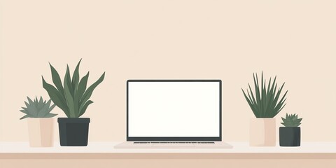 Minimalist home office with laptop succulents white and green