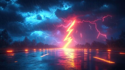 Dramatic lightning strikes over a wet road during a thunderstorm, with ominous clouds and rain