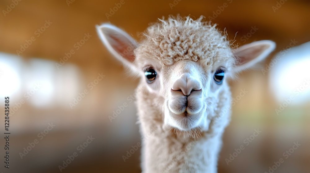 Poster close up portrait of white alpaca with soft fuzzy fur looking directly at camera against blurred bar