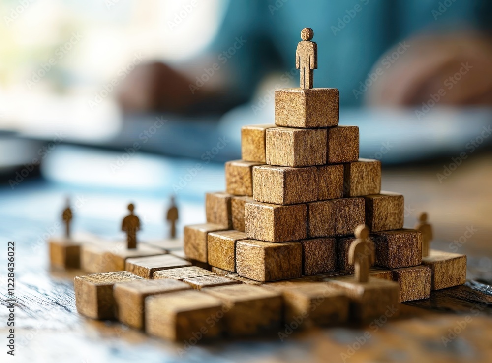 Aufkleber wooden blocks and figures create pyramid structure symbolizing teamwork, leadership, and community s