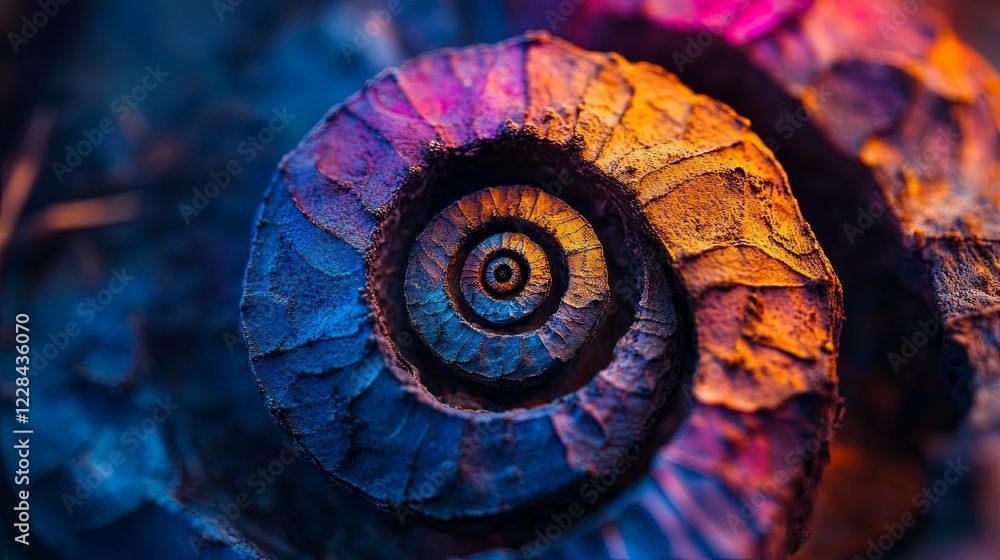 Poster color-changing spiral fractal transitions from deep blues to vibrant pinks in mesmerizing patterns. 