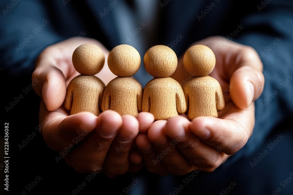 Poster wooden figurines representing teamwork and collaboration held in hands symbolizing partnership and u