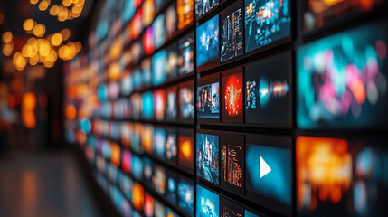 Vibrant digital screens creating a dynamic multimedia streaming wall representing connectivity and data flow with modern minimalism and a bright tone blurred background and empty caption space

