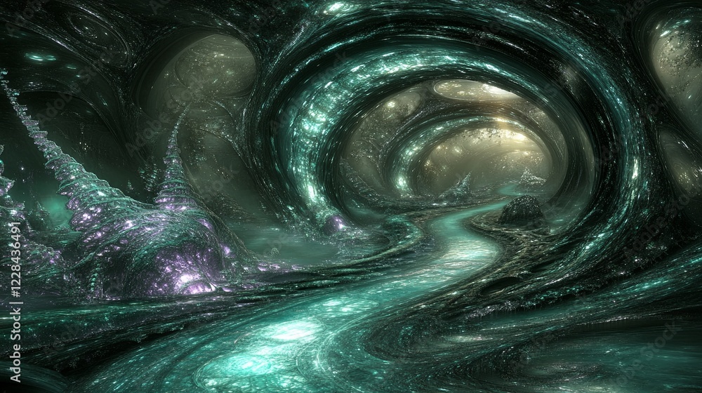 Poster discover the allure of a mesmerizing fractal tunnel with dynamic lighting and depth. generative ai