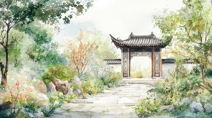 Obraz premium Tranquil Asian Garden with Gateway Surrounded by Lush Foliage