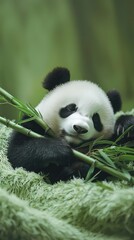 Obraz premium Adorable Baby Panda Taking a Nap While Holding Bamboo Stalk