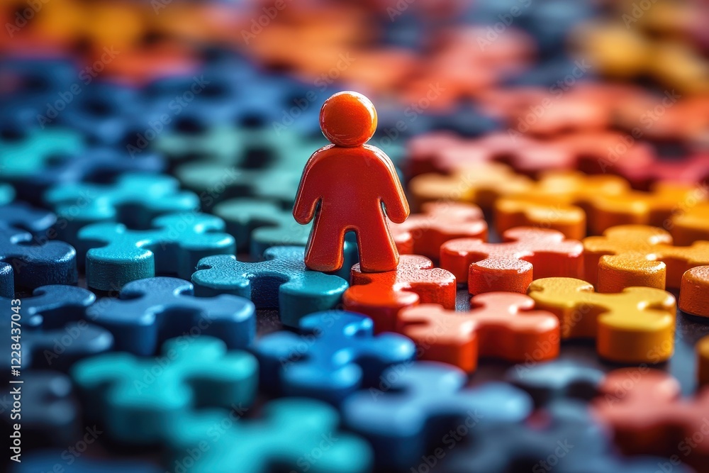 Poster vibrant puzzle pieces and a standalone figure representing individuality and creativity in problem s