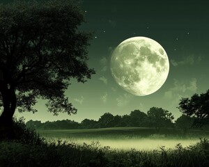 Glowing full moon over serene countryside in realistic raw style