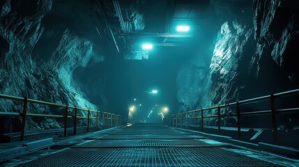 Moody, teal-lit tunnel carved through rock, metal walkway. Ideal for sci-fi, mystery, or suspense projects needing a dark, atmospheric setting.
