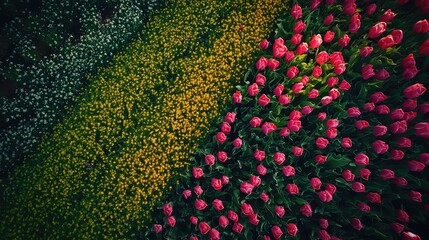 Colorful Tulip Field with Greenery and Vibrant Blooms in Spring