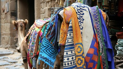 Fototapeta premium Camel draped in colorful textiles stands in narrow alleyway.