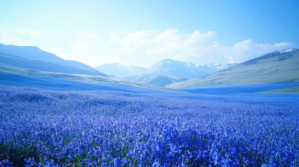 Fototapeta premium Serene Landscape of Purple Flowers Under Bright Blue Sky