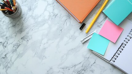 Flat Lay of Colorful Stationery and Supplies on a Marble Surface